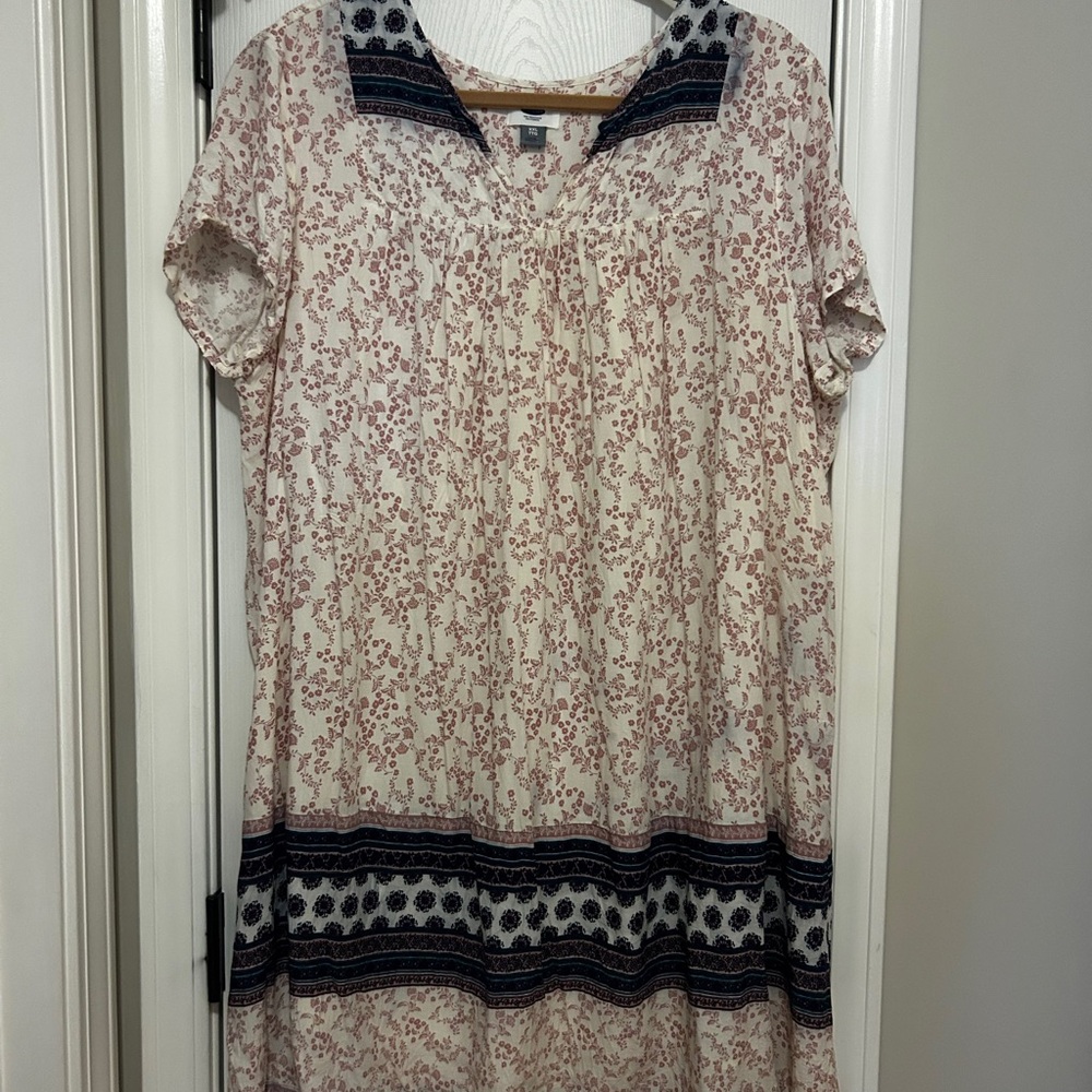 Old Navy Cream Midi Dress with Pink Floral and Navy Border